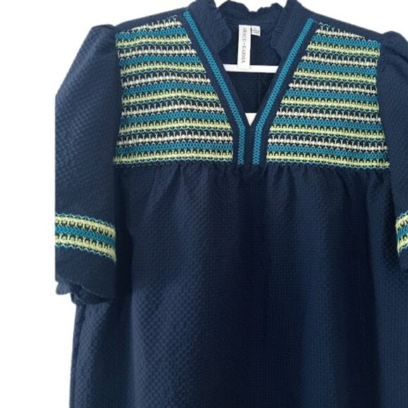 Grace + Karma Womens Bubble Sleeve Peasant Top Navy Textured Embroidered L New - Picture 2 of 3